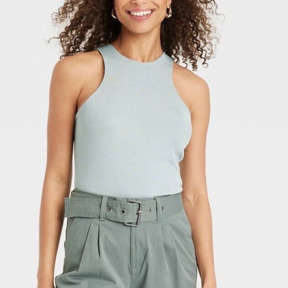 A New Day Size M Light Blue Sea Luxe High Neck Ribbed Tank Top Dressy Athletic
